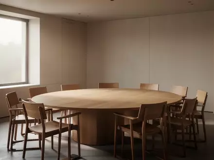 Ein leerer, minimalistischer Konferenzraum mit einem runden Tisch und Stühlen in natürlichem Licht. - Foto: über boerse-global.de