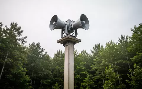 Eine moderne Sirene auf einem Betonmast vor bewaldetem Hintergrund als Symbol für den Katastrophenschutz. - Foto: über boerse-global.de