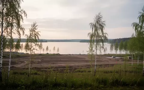 Weitläufiges, unbebautes Ufergelände an einem See mit jungen Birken und Grasflächen in der Morgendämmerung. - Foto: über boerse-global.de