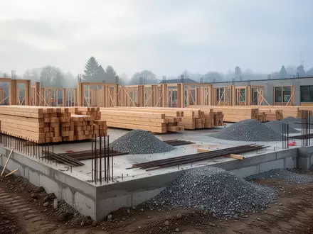 Baustelle für einen neuen Schulcampus mit Baumaterialien und Fundamentarbeiten bei Tageslicht. - Foto: über boerse-global.de