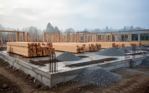 Baustelle für einen neuen Schulcampus mit Baumaterialien und Fundamentarbeiten bei Tageslicht. - Foto: über boerse-global.de