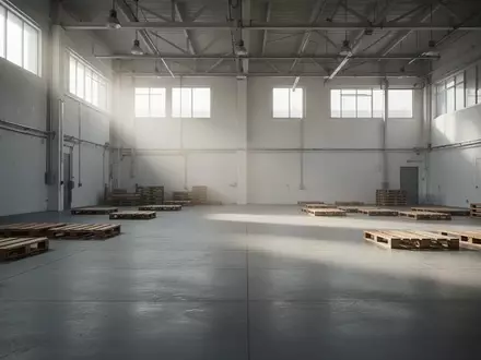 Ein minimalistisch beleuchtetes, leeres Industrielager mit Betonboden und Holzkisten im sanften Tageslicht. - Foto: über boerse-global.de