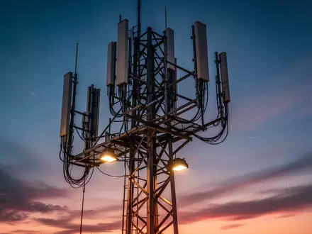 Eine komplexe Sendeanlage für Mobilfunk vor einem abendlichen Himmel. - Foto: über boerse-global.de