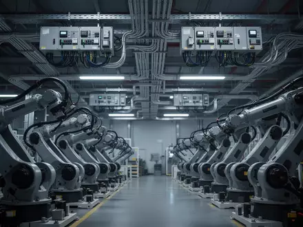 Moderne Industrieanlage mit komplexer Strominfrastruktur und automatisierten Fertigungsrobotern in einer Werkshalle. - Foto: über boerse-global.de