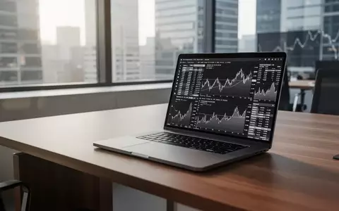 Ein moderner, minimalistischer Schreibtisch in einem Büro mit einem Laptop, der Finanzdaten anzeigt. - Foto: über boerse-global.de