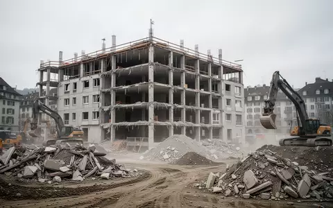 Eine verlassene Baustelle mit den Überresten eines abgerissenen Wohnhauses in Zürich bei bewölktem Himmel. - Foto: über boerse-global.de