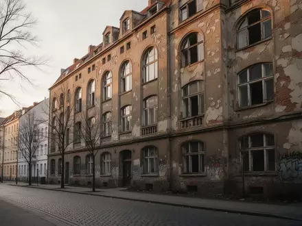 Die Fassade eines leerstehenden, mehrstöckigen Altbaus in einer Berliner Wohnstraße bei spätem Tageslicht. - Foto: über boerse-global.de