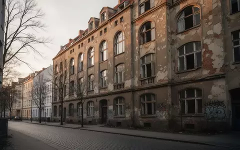 Die Fassade eines leerstehenden, mehrstöckigen Altbaus in einer Berliner Wohnstraße bei spätem Tageslicht. - Foto: über boerse-global.de