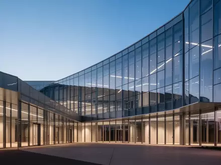 Moderne Glas- und Stahlarchitektur eines Bürogebäudes in der Dämmerung. - Foto: über boerse-global.de