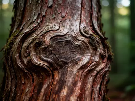 Nahaufnahme eines verwitterten Baumstamms mit deutlichen Jahresringen und organischer Textur in einem ruhigen Wald. - Foto: über boerse-global.de