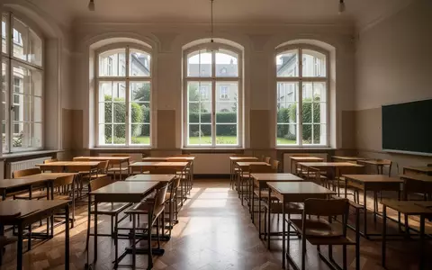 Ein leerer, sonnendurchfluteter Klassenraum in einem Grazer Schulgebäude mit ordentlich aufgestellten Schulmöbeln. - Foto: über boerse-global.de