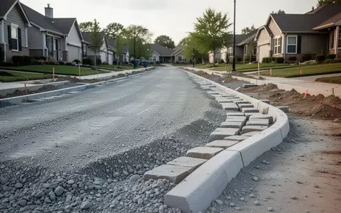 Eine unfertige Wohnstraße mit neu verlegten Bordsteinen und einer Schottertragschicht im Tageslicht. - Foto: über boerse-global.de