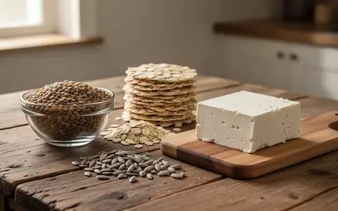 Verschiedene pflanzliche Proteinquellen wie Linsen, Haferflocken, Sonnenblumenkerne und Tofu auf einem Holztisch. - Foto: über boerse-global.de
