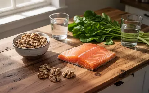 Frische, gesunde Lebensmittel wie Nüsse, Fisch und grünes Gemüse auf einer hölzernen Küchenoberfläche bei natürlichem Licht. - Foto: über boerse-global.de