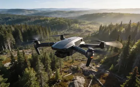 Eine moderne Überwachungsdrohne fliegt über eine weitläufige, bewaldete kanadische Landschaft. - Foto: über boerse-global.de