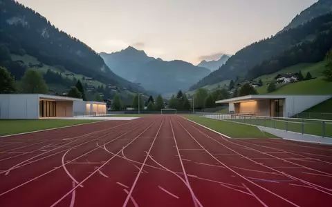 Eine leere, moderne Leichtathletikanlage in einer Schweizer Hügellandschaft bei Dämmerung. - Foto: über boerse-global.de