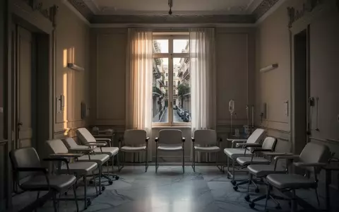Ein minimalistischer, steriler Behandlungsraum in einer Athener Privatpraxis mit Blick auf eine ruhige Straße. - Foto: über boerse-global.de