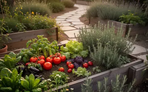 Ein sonnendurchfluteter mediterraner Garten mit frischem Gemüse und Kräutern in Hochbeeten. - Foto: über boerse-global.de