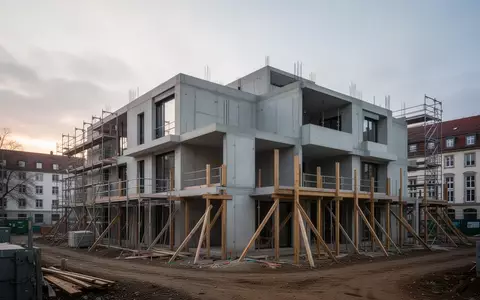 Eine Baustelle mit Rohbau-Elementen und Gerüsten vor einem urbanen Hintergrund bei bewölktem Himmel. - Foto: über boerse-global.de