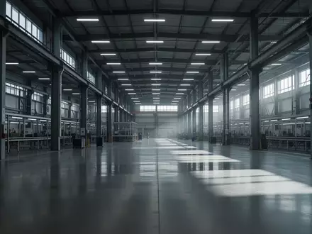 Innenansicht einer leeren, modernen Industriehalle mit hohen Stahlsäulen und glattem Betonboden bei kühlem Licht. - Foto: über boerse-global.de