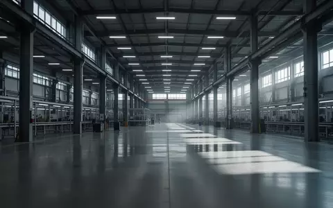 Innenansicht einer leeren, modernen Industriehalle mit hohen Stahlsäulen und glattem Betonboden bei kühlem Licht. - Foto: über boerse-global.de