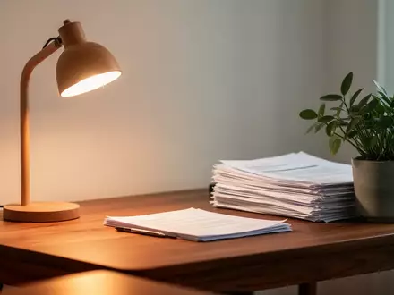 Ein minimalistischer Schreibtisch mit einer Schreibtischlampe, Dokumenten und einer Pflanze bei natürlichem Licht. - Foto: über boerse-global.de