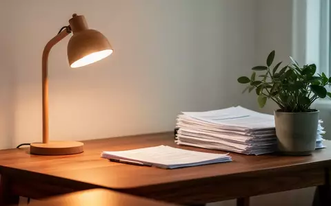 Ein minimalistischer Schreibtisch mit einer Schreibtischlampe, Dokumenten und einer Pflanze bei natürlichem Licht. - Foto: über boerse-global.de