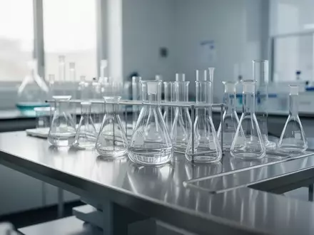 Ein steriles Labor mit Glasbechern und wissenschaftlichen Geräten auf einer Edelstahlarbeitsfläche in natürlichem Licht. - Foto: über boerse-global.de