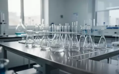 Ein steriles Labor mit Glasbechern und wissenschaftlichen Geräten auf einer Edelstahlarbeitsfläche in natürlichem Licht. - Foto: über boerse-global.de