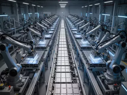 Automatisierte Fertigungsstraße in einer modernen Fabrik für Lithium-Ionen-Batterien. - Foto: über boerse-global.de
