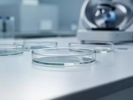 Ein steriler, moderner Laborarbeitsplatz mit Petrischalen und Laborgeräten im unscharfen Hintergrund, der wissenschaftliche Präzision symbolisiert. - Foto: über boerse-global.de