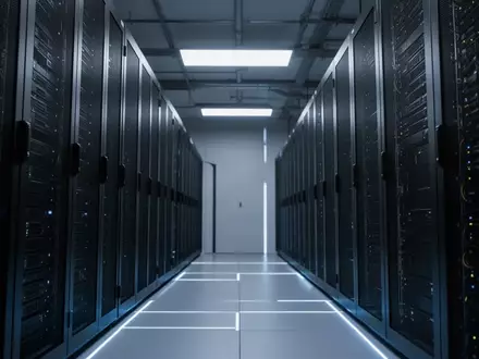 Moderne, minimalistische Server-Infrastruktur mit blauer Beleuchtung und klaren geometrischen Linien in einem Rechenzentrum. - Foto: über boerse-global.de