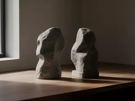 Zwei abstrakte Steinskulpturen in einem minimalistischen Raum mit natürlichem Licht und tiefen Schatten als Symbol für zwischenmenschliche Distanz. - Foto: über boerse-global.de