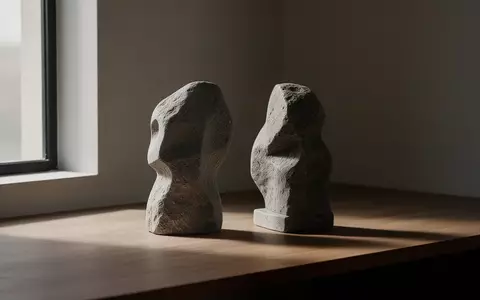 Zwei abstrakte Steinskulpturen in einem minimalistischen Raum mit natürlichem Licht und tiefen Schatten als Symbol für zwischenmenschliche Distanz. - Foto: über boerse-global.de