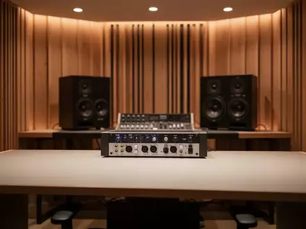 Ein minimalistisches, professionelles Tonstudio mit akustischen Holzpaneelen und warmer, atmosphärischer Beleuchtung. - Foto: über boerse-global.de