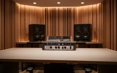 Ein minimalistisches, professionelles Tonstudio mit akustischen Holzpaneelen und warmer, atmosphärischer Beleuchtung. - Foto: über boerse-global.de