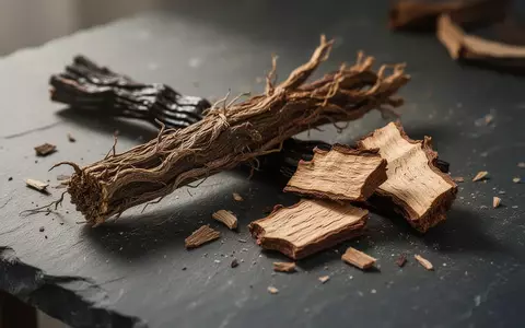 Nahaufnahme von getrockneten Süßholzwurzeln und Pfingstrosenrindenstücken auf einem dunklen Steintisch. - Foto: über boerse-global.de