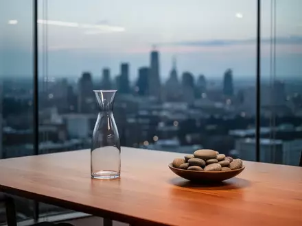 Minimalistisches, modernes Büro-Interieur mit Blick auf eine verschwommene Stadt bei Dämmerung, Fokus auf einen leeren Holztisch mit einer Glaskaraffe. - Foto: über boerse-global.de