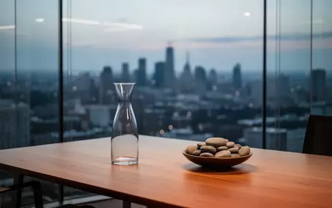 Minimalistisches, modernes Büro-Interieur mit Blick auf eine verschwommene Stadt bei Dämmerung, Fokus auf einen leeren Holztisch mit einer Glaskaraffe. - Foto: über boerse-global.de