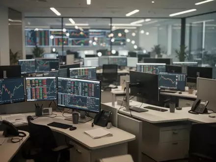 Ein modernes, leeres Börsenparkett mit unscharfen Büro-Lichtern im Hintergrund. - Foto: über boerse-global.de