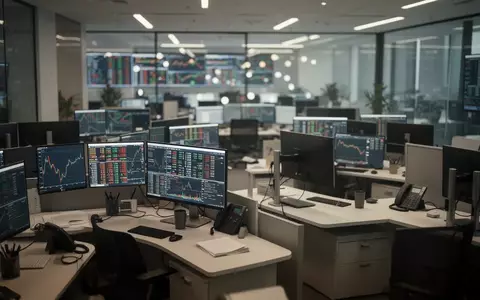 Ein modernes, leeres Börsenparkett mit unscharfen Büro-Lichtern im Hintergrund. - Foto: über boerse-global.de