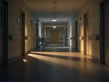 Ein leerer, in dämmriges Licht getauchter Flur einer modernen Pflegeeinrichtung mit langen Schatten auf dem Boden. - Foto: über boerse-global.de