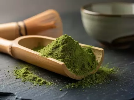 Feines, leuchtend grünes Matcha-Pulver auf einem traditionellen Bambuslöffel auf einer dunklen Steinoberfläche. - Foto: über boerse-global.de