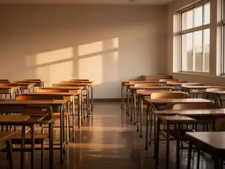 Ein leerer, sonnendurchfluteter Klassenraum mit ordentlich aufgereihten Holztischen in einer ruhigen, minimalistischen Umgebung. - Foto: über boerse-global.de