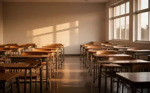 Ein leerer, sonnendurchfluteter Klassenraum mit ordentlich aufgereihten Holztischen in einer ruhigen, minimalistischen Umgebung. - Foto: über boerse-global.de