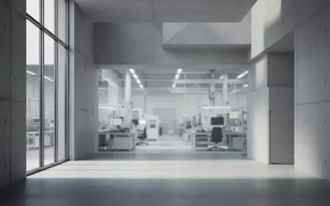 Ein moderner, minimalistischer Innenraum eines High-Tech-Gebäudes mit klaren geometrischen Linien und natürlichem Licht. - Foto: über boerse-global.de