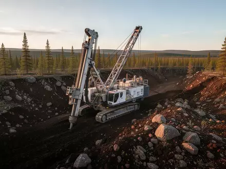 Ein industrieller Bohrturm bei der Arbeit in einer weitläufigen, rauen Wildnislandschaft während der goldenen Stunde. - Foto: über boerse-global.de
