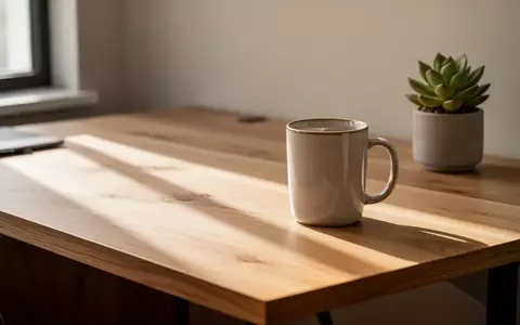 Ein minimalistischer Arbeitsplatz mit einem Eichenschreibtisch, einer Kaffeetasse und einer Sukkulente bei natürlichem Licht. - Foto: über boerse-global.de
