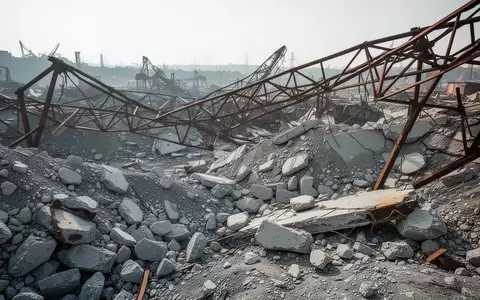 Trümmerfeld nach einem Gebäudeeinsturz mit Betonresten und verbogenen Stahlträgern in einer Industriezone. - Foto: über boerse-global.de