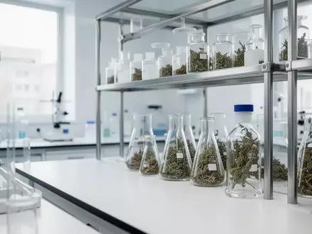 Ein steriler, moderner pharmazeutischer Laborraum mit Glasgefäßen und medizinischen Pflanzenstoffen in einer klinischen Umgebung. - Foto: über boerse-global.de